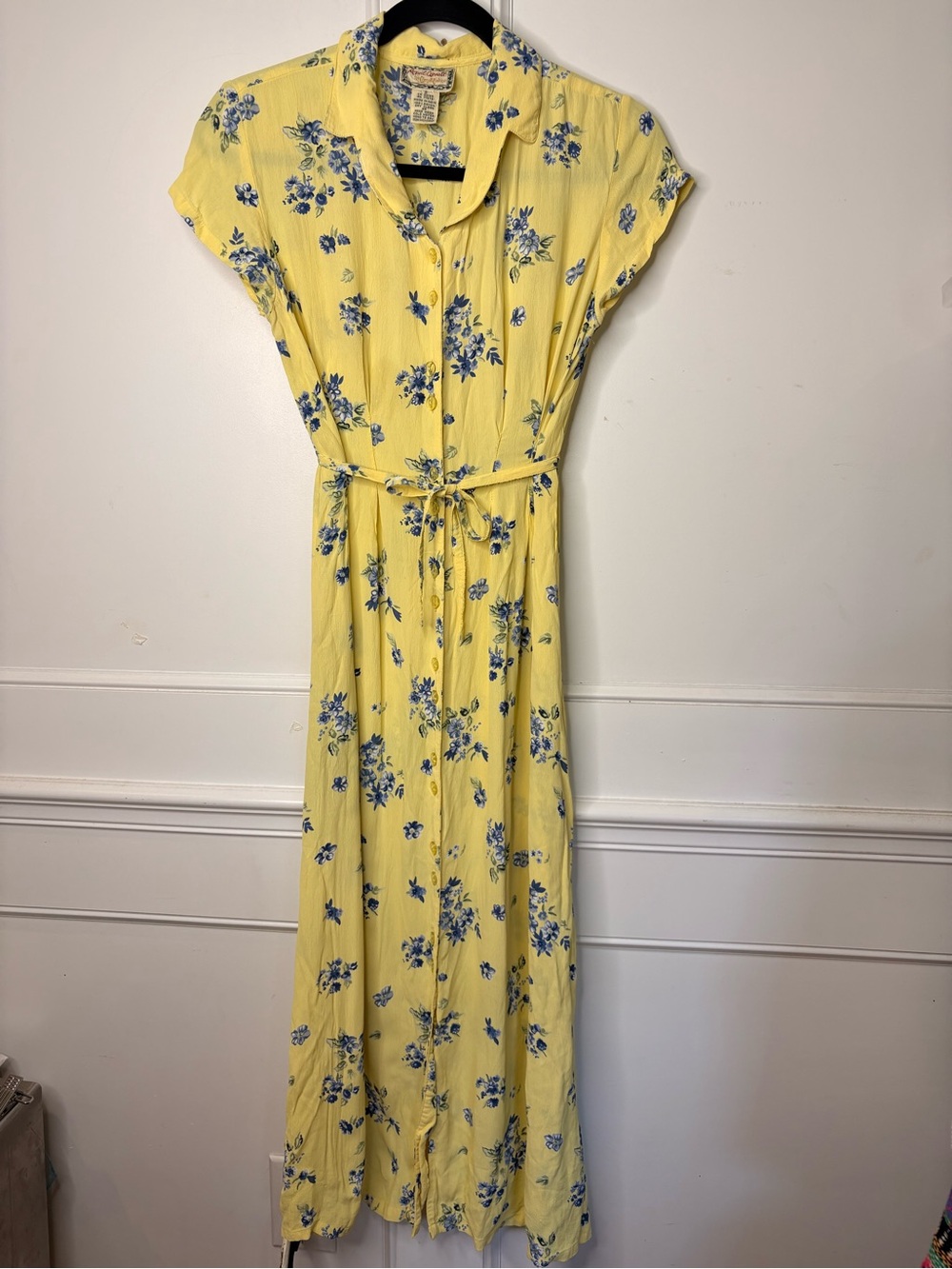 April Cornell Yellow Maxi Dress with Blue Floral Print